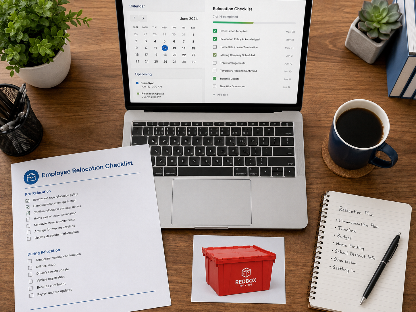 HR manager's desk with open laptop showing employee relocation checklist, printed relocation document, and coffee cup — corporate relocation planning workspace