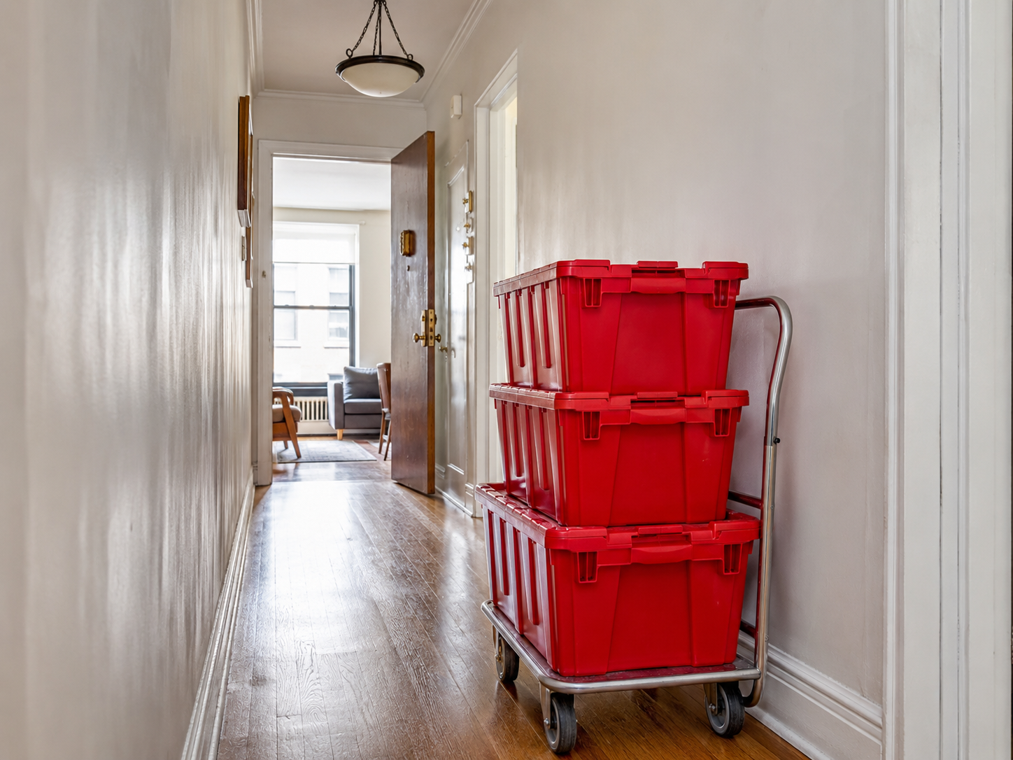 EazyCrate reusable moving bins stacked on a dolly in a narrow NYC apartment hallway on moving day — bins fit through tight apartment corridors