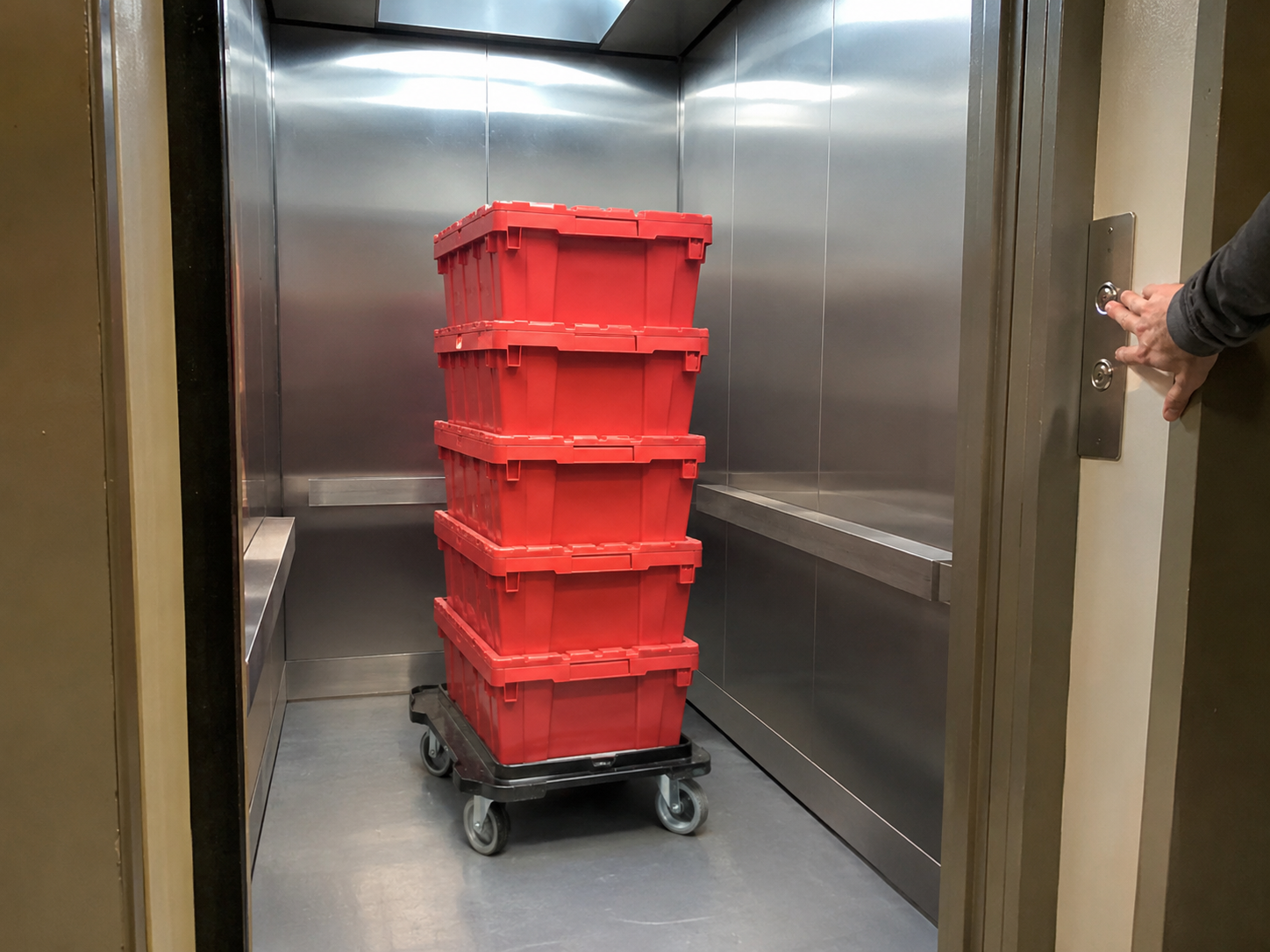 Dolly stacked with EazyCrate plastic moving bins inside a NYC apartment building service elevator — bins fit cleanly with room to spare