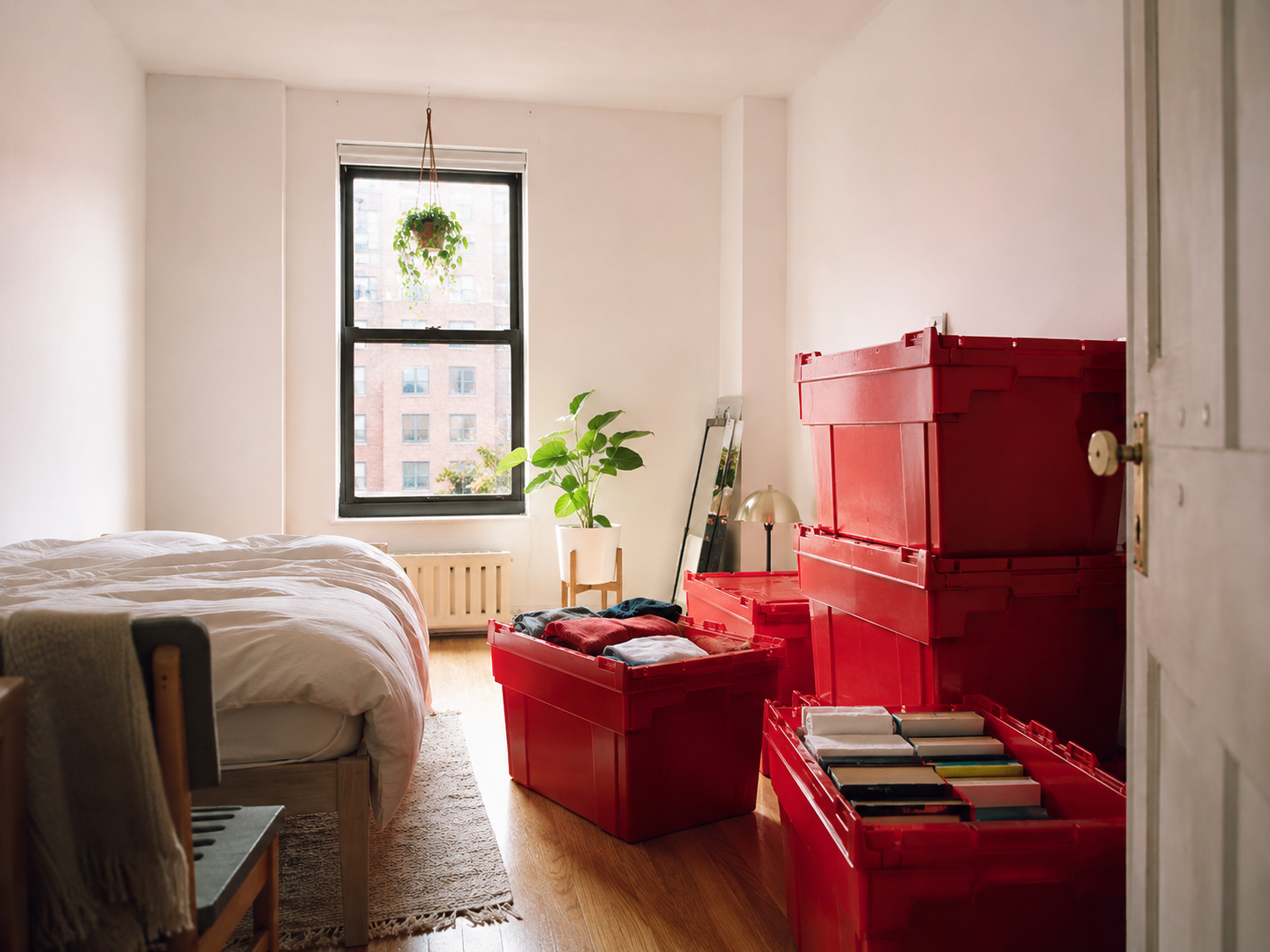 Small NYC studio apartment packed up for move day — EazyCrate moving bins stacked near the front door, organized and ready for pickup