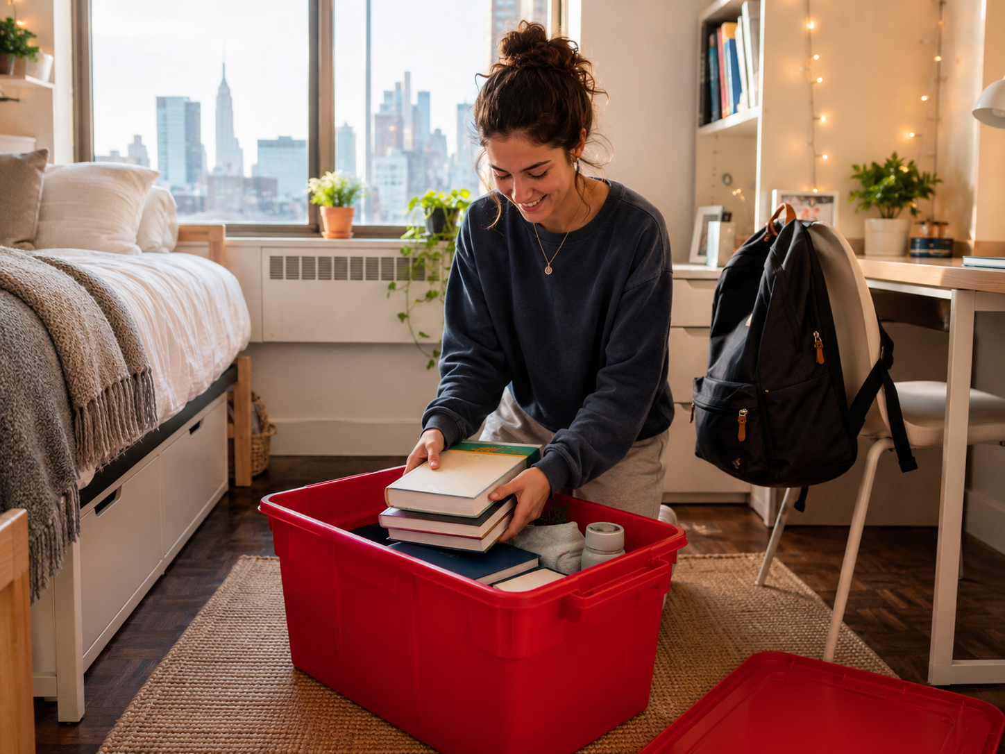 College student packing books into an EazyCrate reusable moving bin in a small NYC dorm room — affordable moving bin rental for students