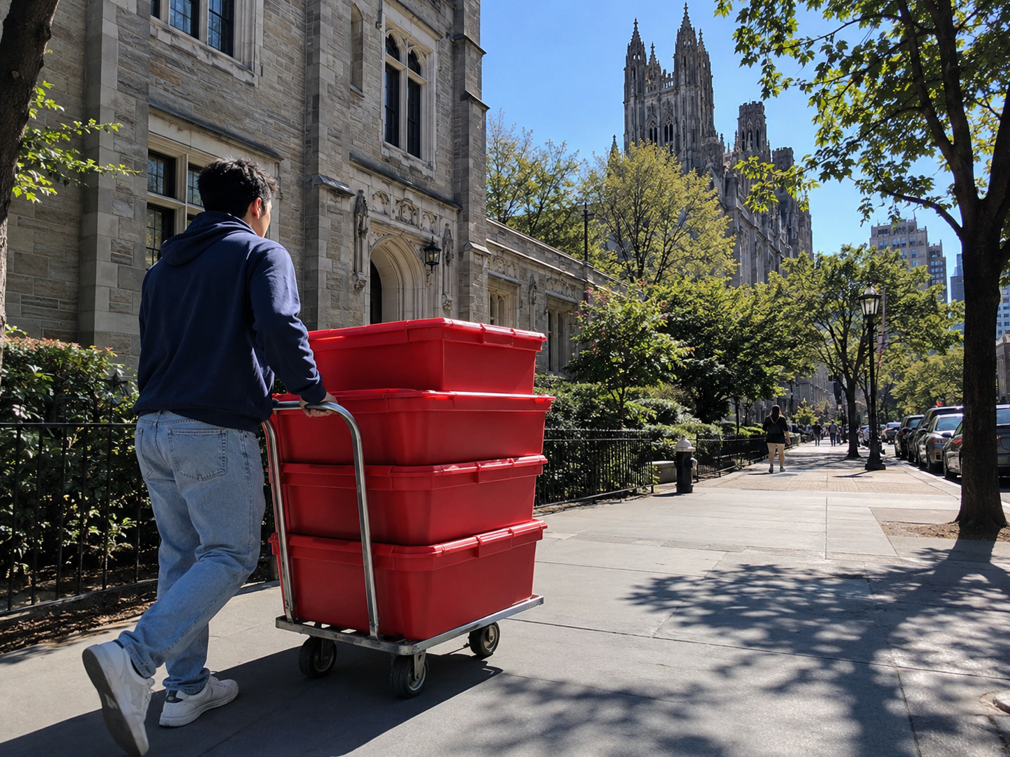 EazyCrate moving bins on a dolly near Columbia University in Morningside Heights — student moving box rental delivered to NYC university neighborhoods