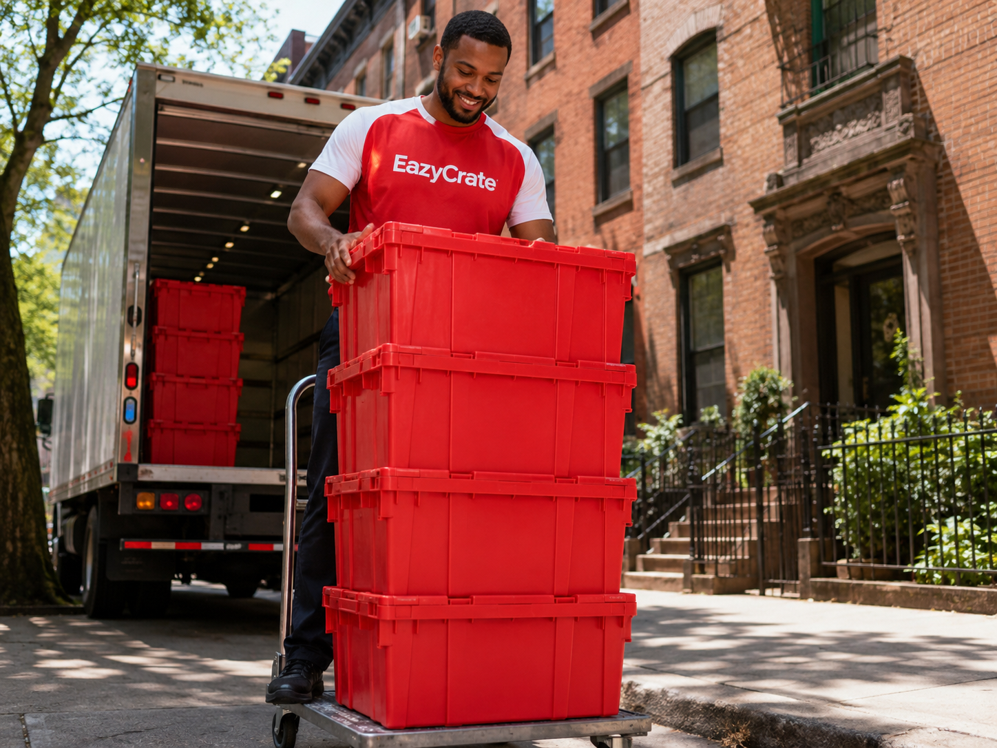EazyCrate delivery team unloading reusable plastic moving bins from a vehicle onto a dolly in front of a NYC apartment building