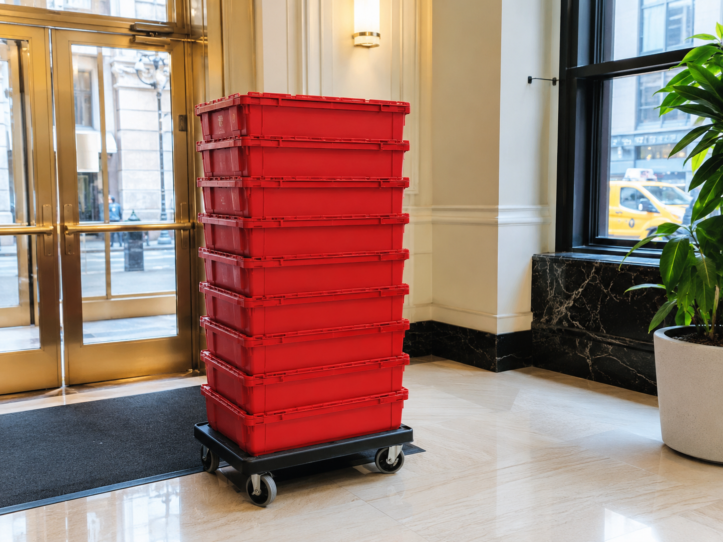 Stack of EazyCrate reusable plastic moving bins on a dolly in a bright NYC apartment building lobby — clean, professional moving bin rental service