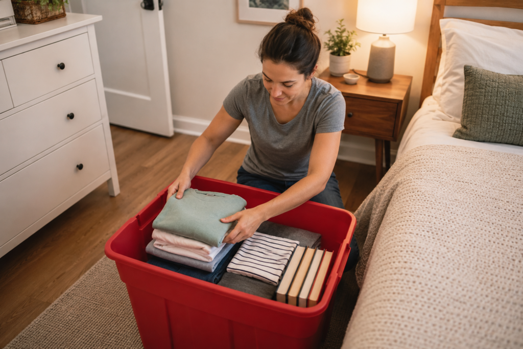 Person packing household items into red EazyCrate moving bins in a NYC apartment living room