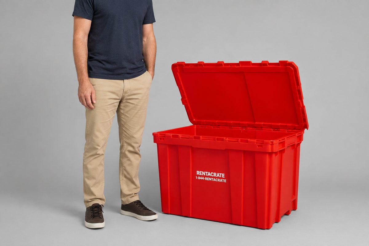 Person standing next to large open EazyCrates moving bin ready for packing