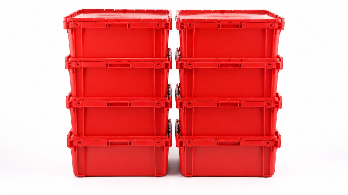 EazyCrates reusable plastic moving bins stacked and ready in NYC apartment