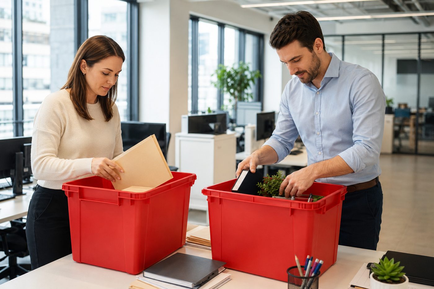 EazyCrates delivery team unloading red plastic moving bins outside NYC office building for corporate move