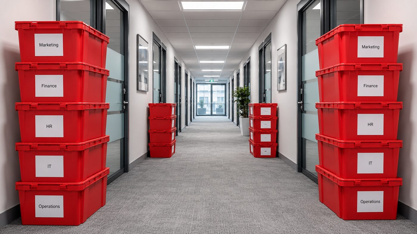 Stacked red EazyCrates reusable plastic bins organized by floor for large NYC office relocation
