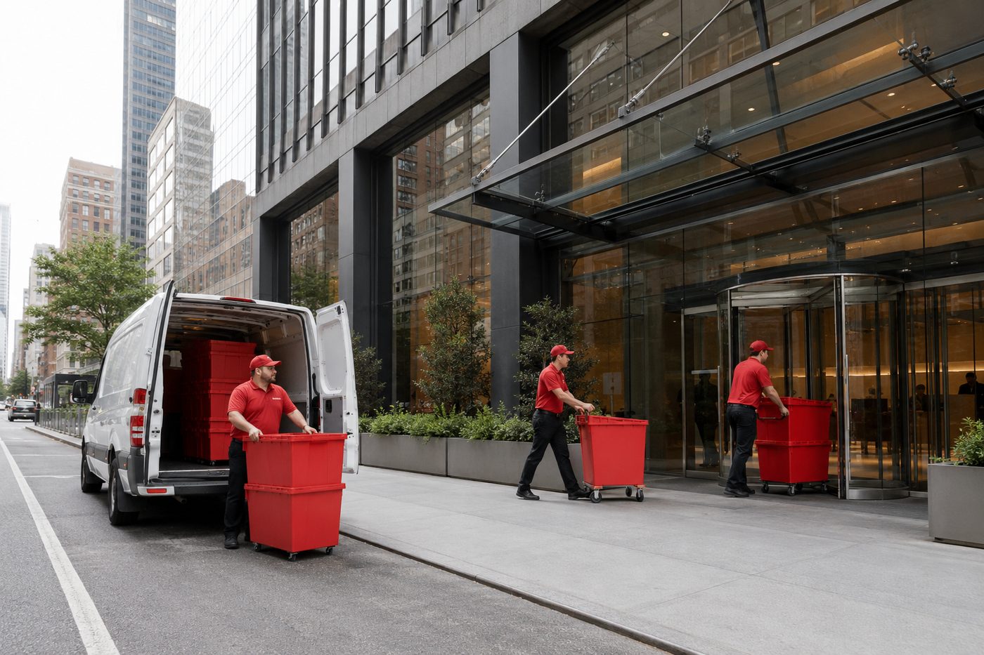 EazyCrates red plastic moving bins stacked in NYC office corridor ready for corporate relocation