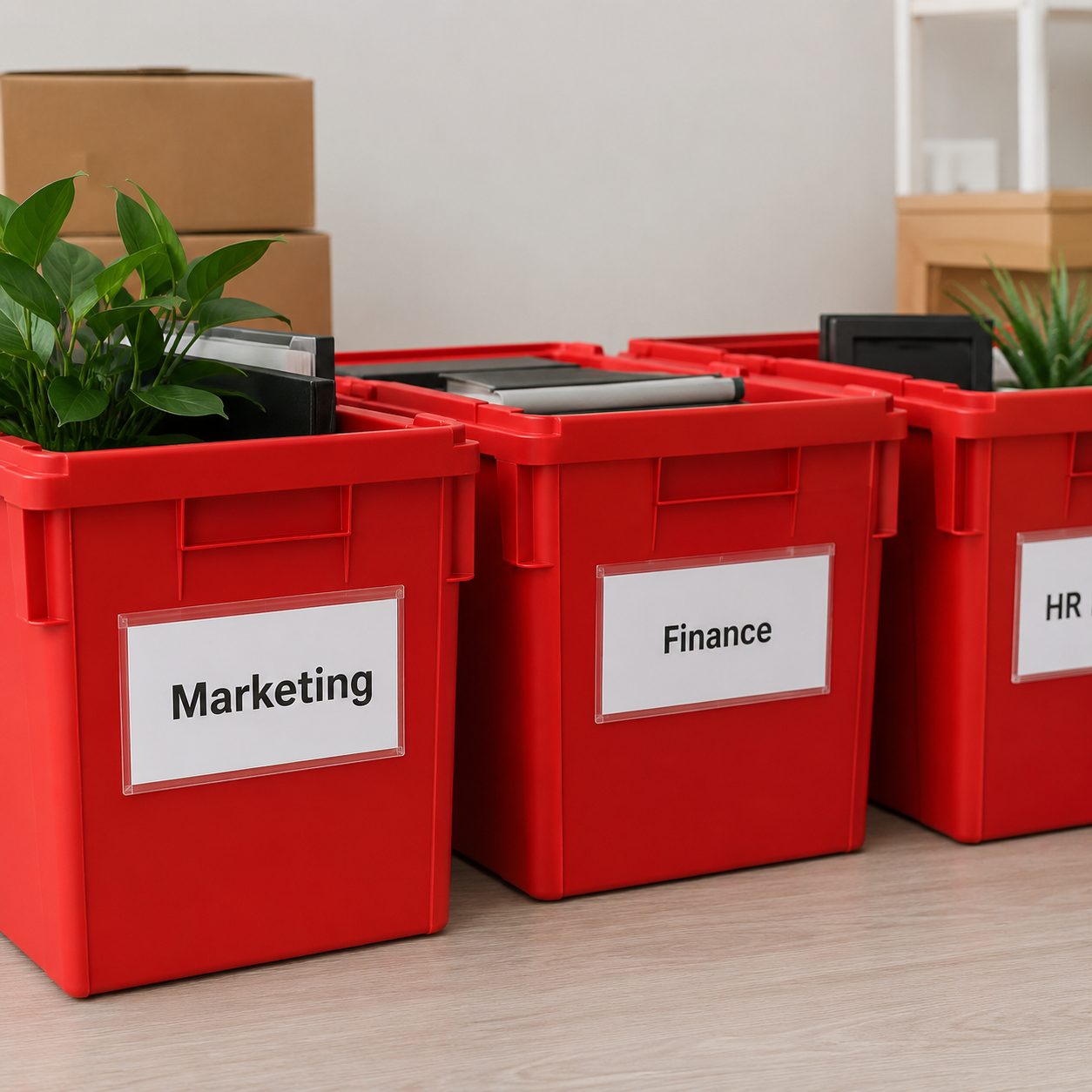 Red EazyCrates moving bins labeled by department for organized office relocation in New York City