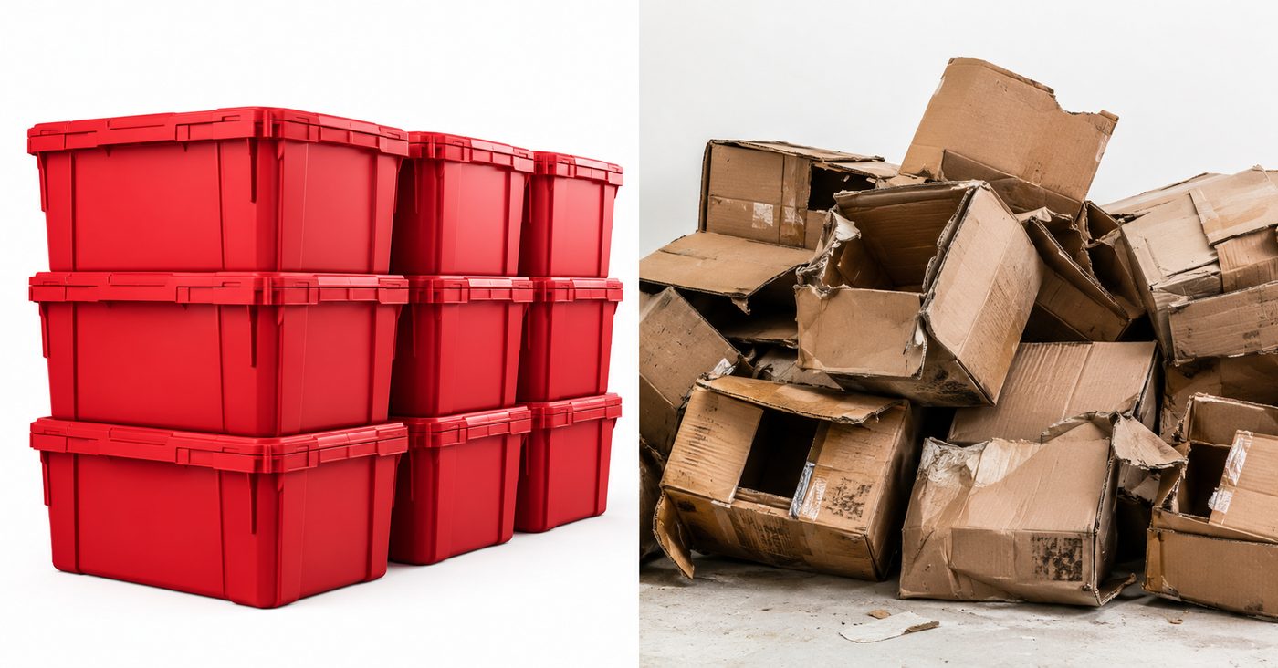 Eco-friendly plastic bins replacing cardboard boxes for a greener move