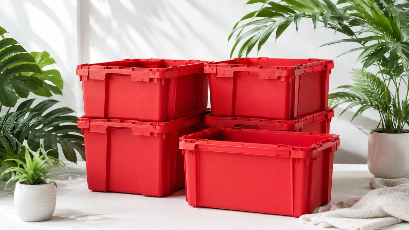 Reusable plastic moving boxes stacked and ready for delivery in NYC