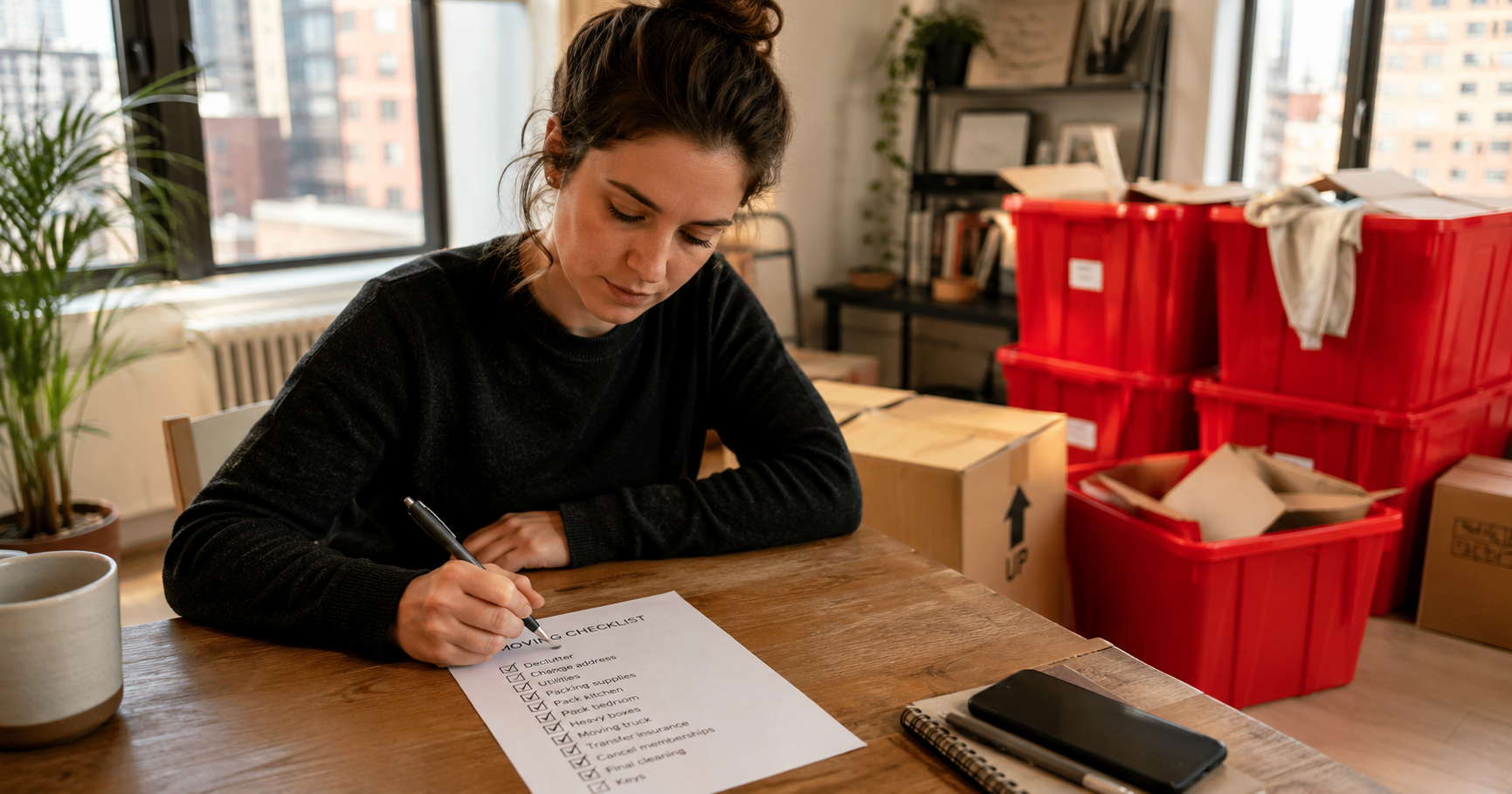 Person reviewing an NYC moving checklist at a desk in a New York apartment with moving bins in the background