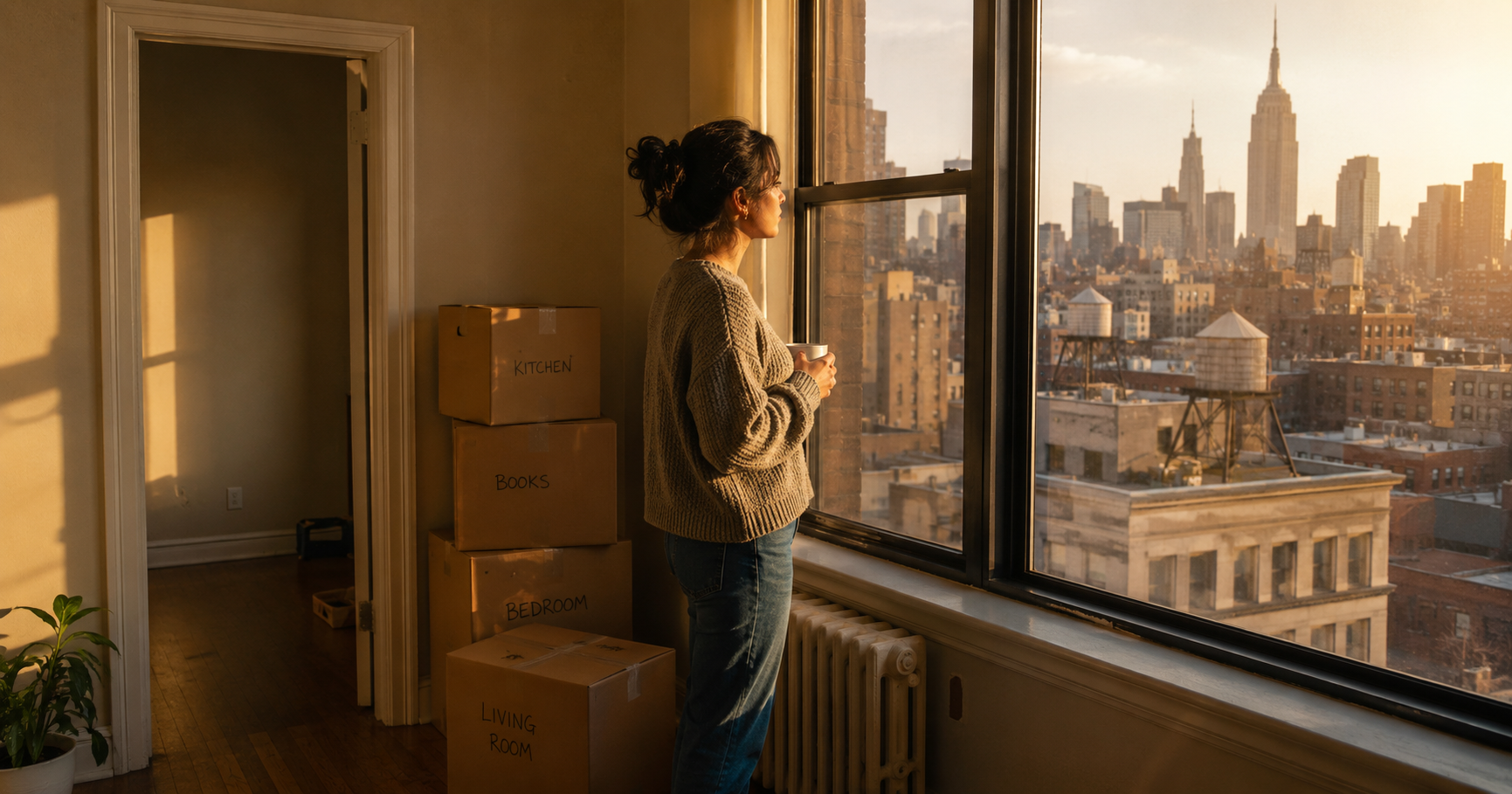 Person standing at a NYC apartment window with packed moving boxes behind them, looking out at the city skyline — moving out of New York City