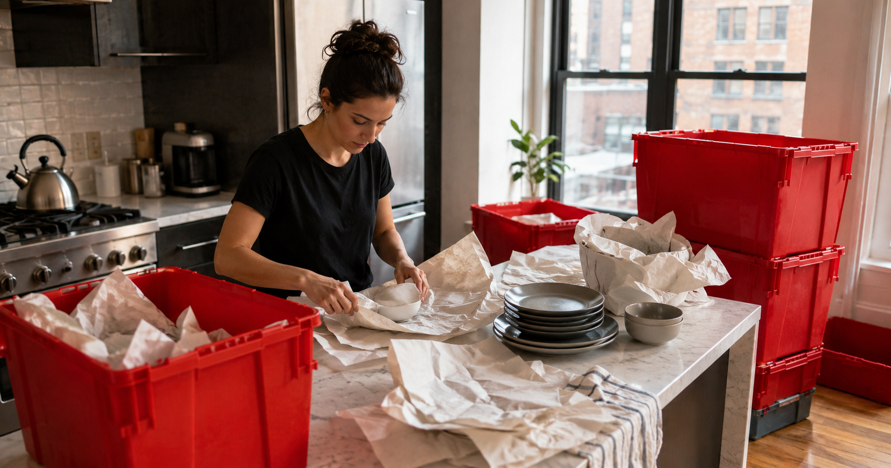 Organized NYC apartment interior with red storage unit, ready to pack for moving day