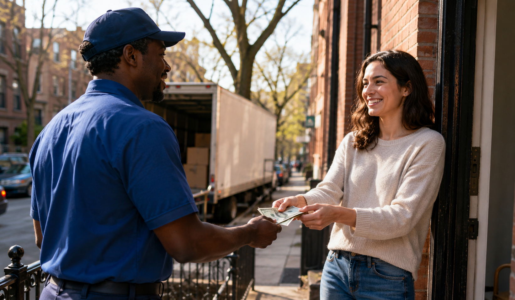 Professional NYC mover receiving a cash tip from a customer at apartment door