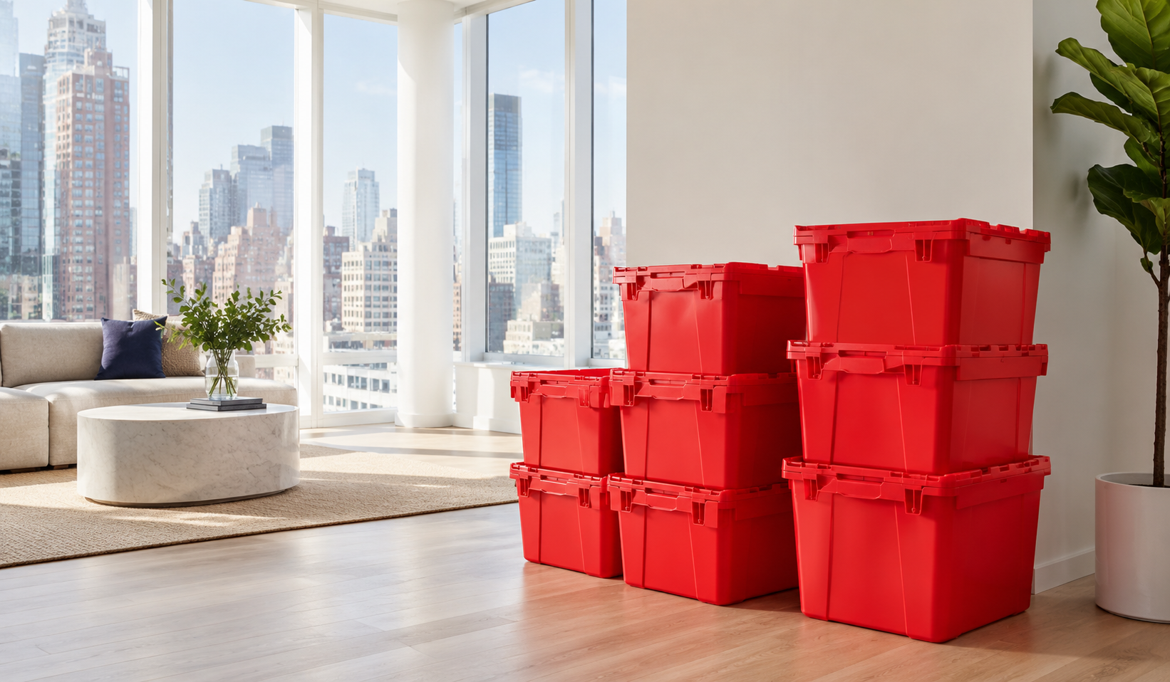 Neatly stacked orange reusable plastic moving bins in a bright modern NYC apartment