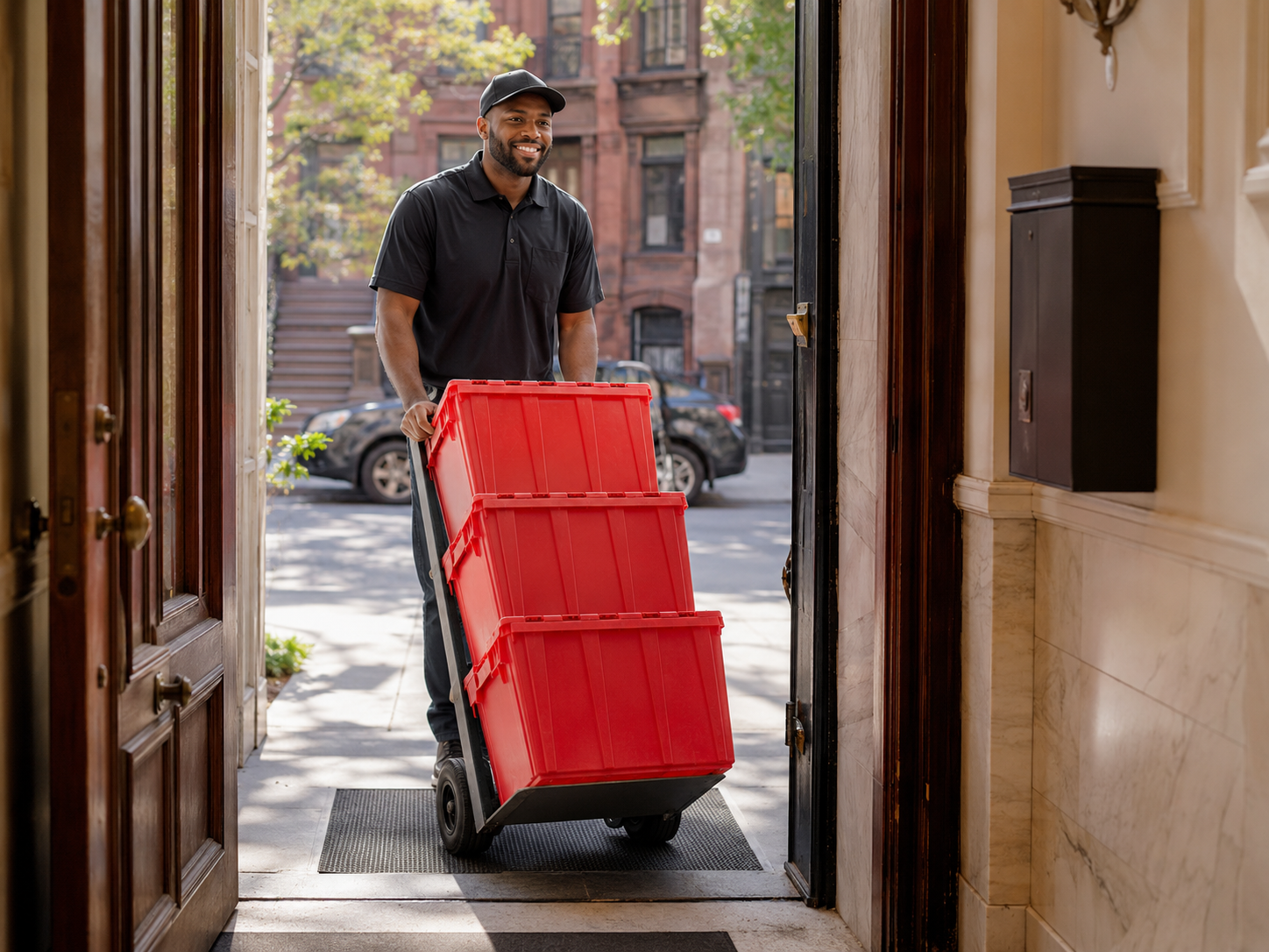 Delivery person wheeling a dolly of orange EazyCrate plastic moving bins through NYC apartment building entrance