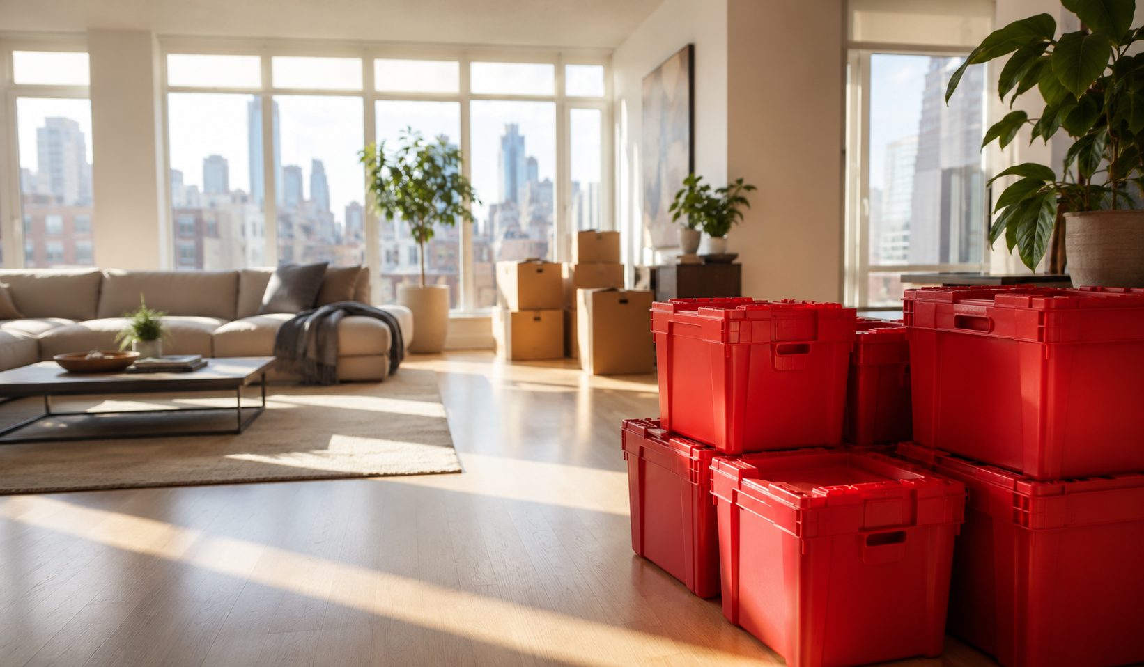 EazyCrate reusable moving bins stacked in NYC apartment
