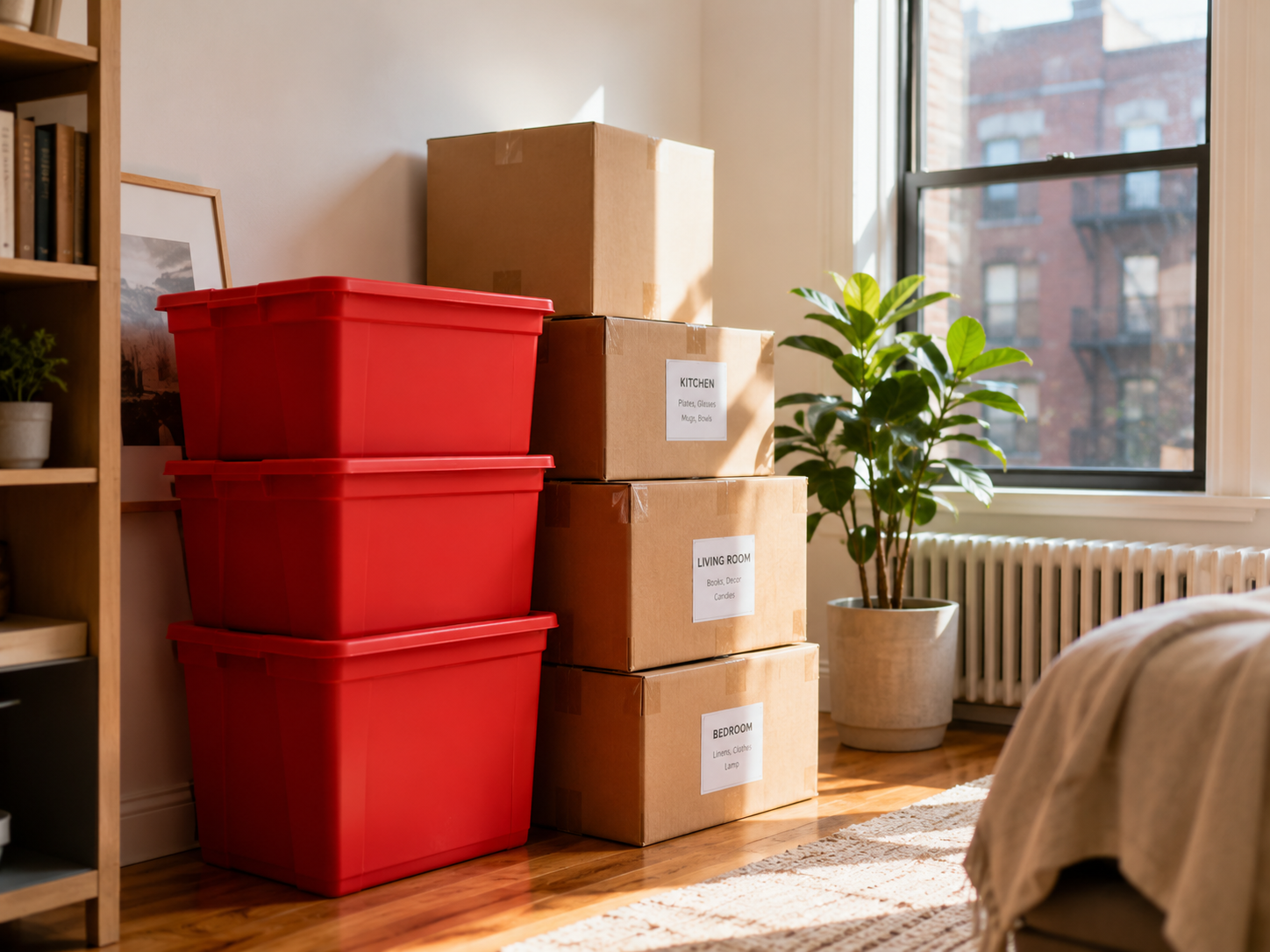 EazyCrate moving bins next to packed moving boxes ready for NYC move